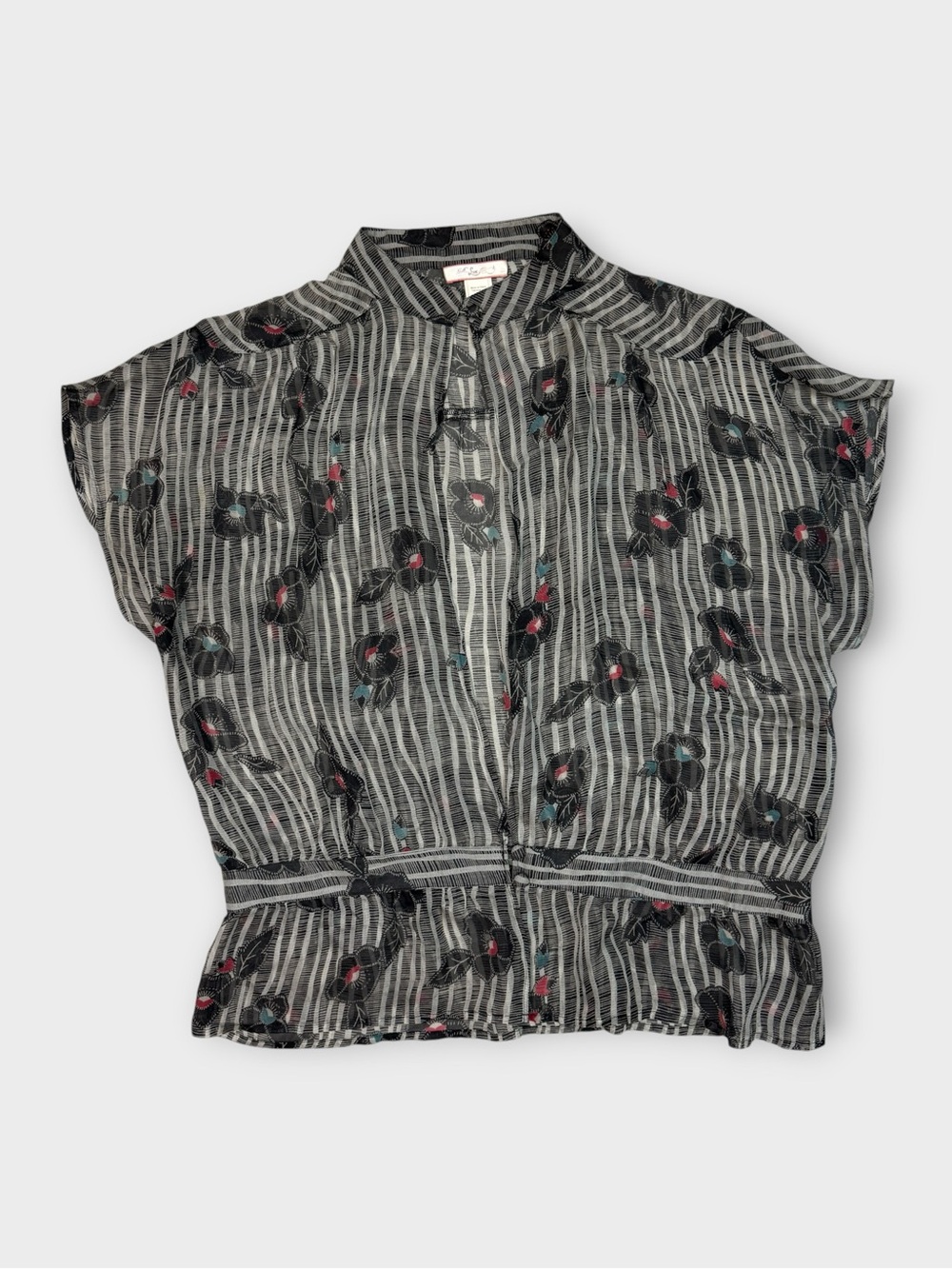 Lux 100% Silk Sheer Striped Floral Blouse